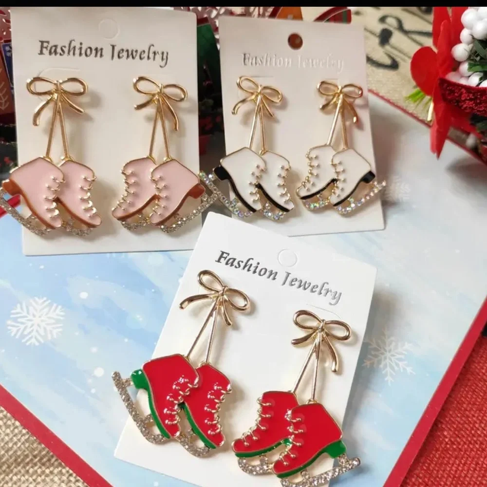 Gold Christmas Ice Skate Earrings,  Alloy Dangle Earrings, Stainless Steel, NEW